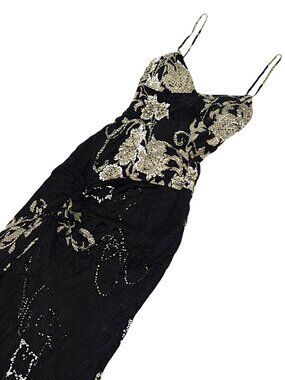 Vintage 90s Floral Beaded Silk Gown Mermaid Ruched Size 10 Low Back Whimsigoth